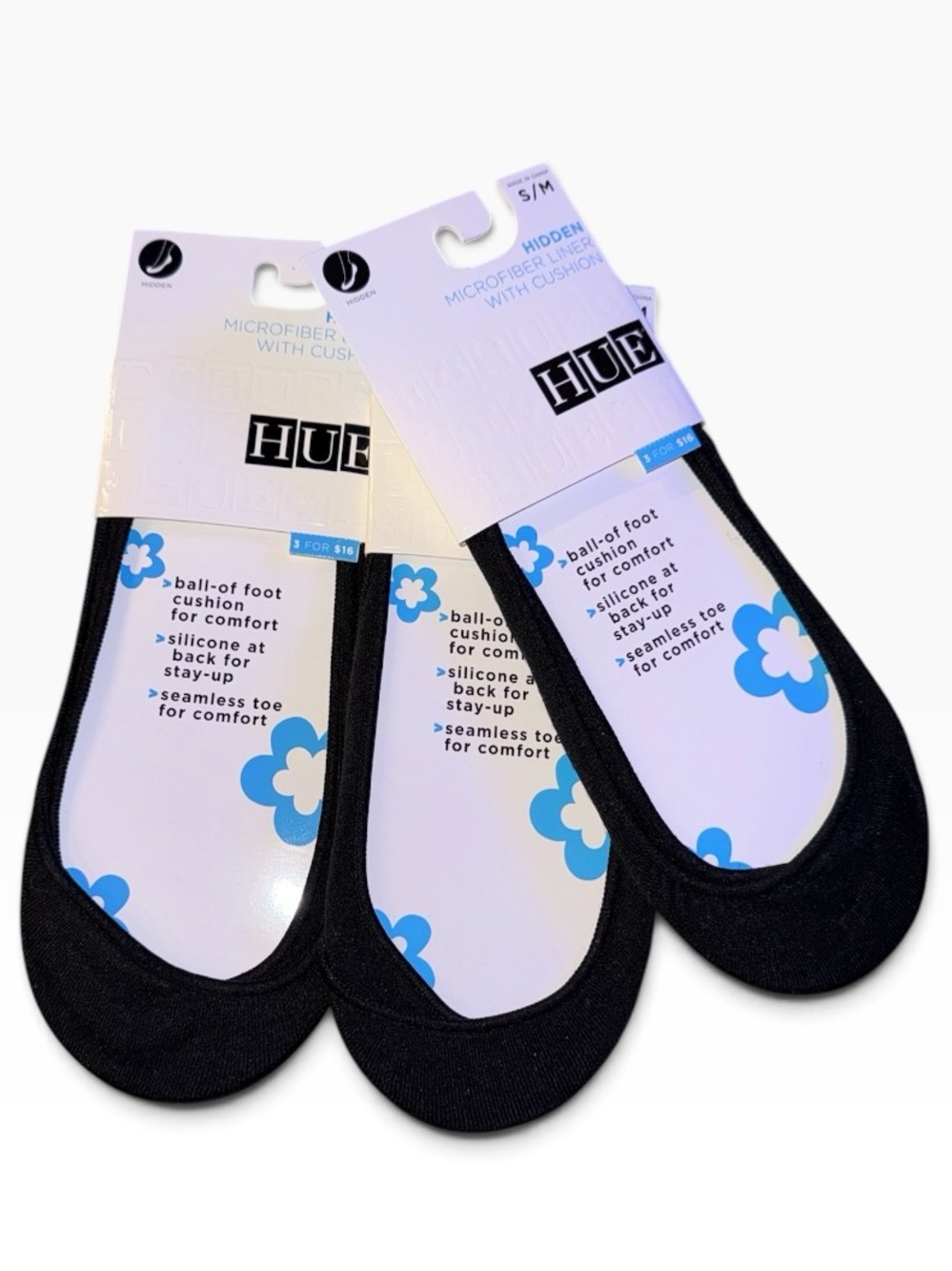 HUE Hidden microfiber sock liner with cushion black (3) pair NEW S/M 4-7